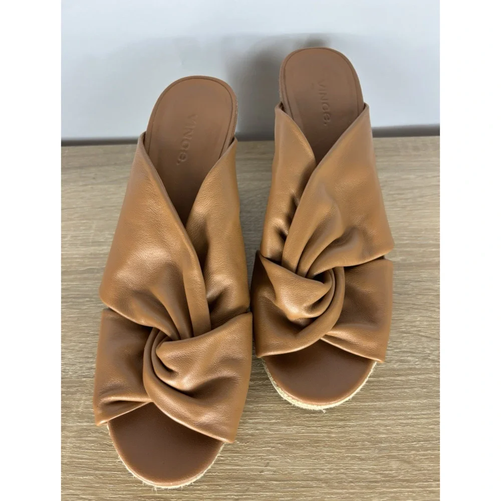 Vince Leather Espadrille Wedge Slide Sandals Brown Twist Knot US 9 EU 39